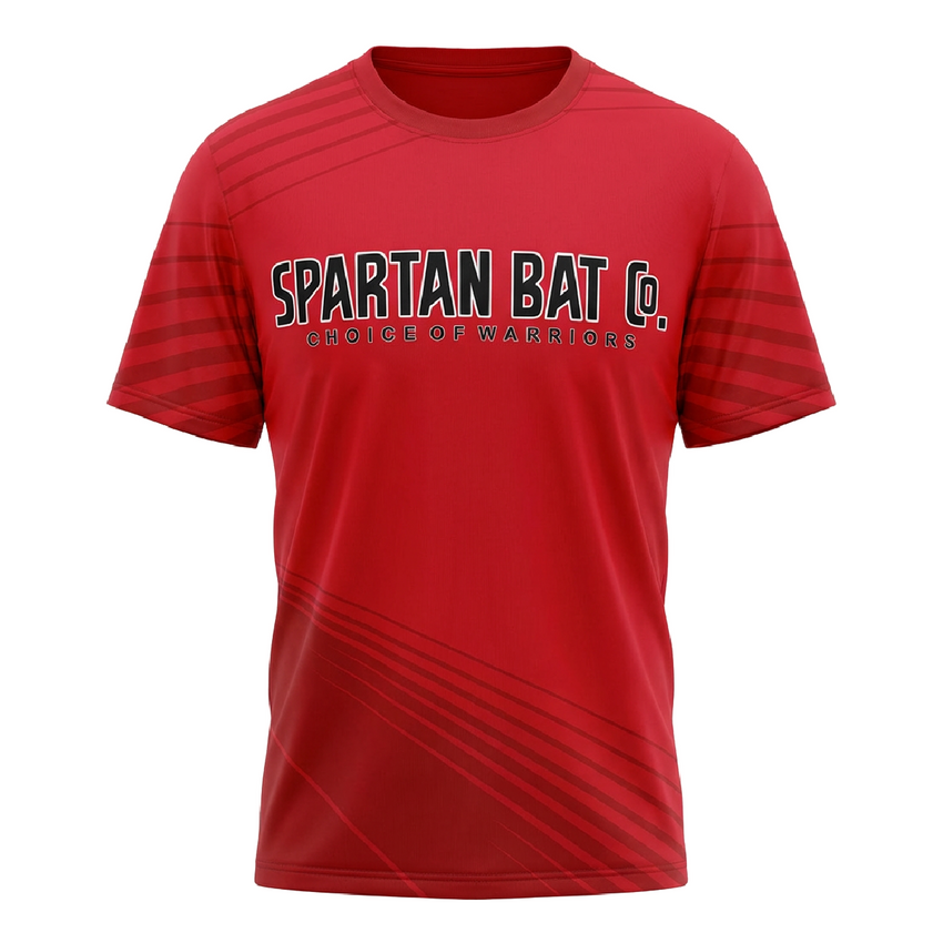 Red t-shirt with 'Spartan Bat Co.' text on a white background
