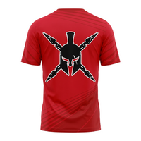 Red t-shirt with a black Spartan helmet design on the back against a white background