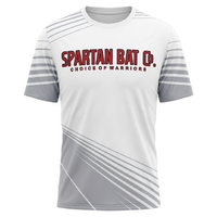 White t-shirt with gray stripes and red text on a white background