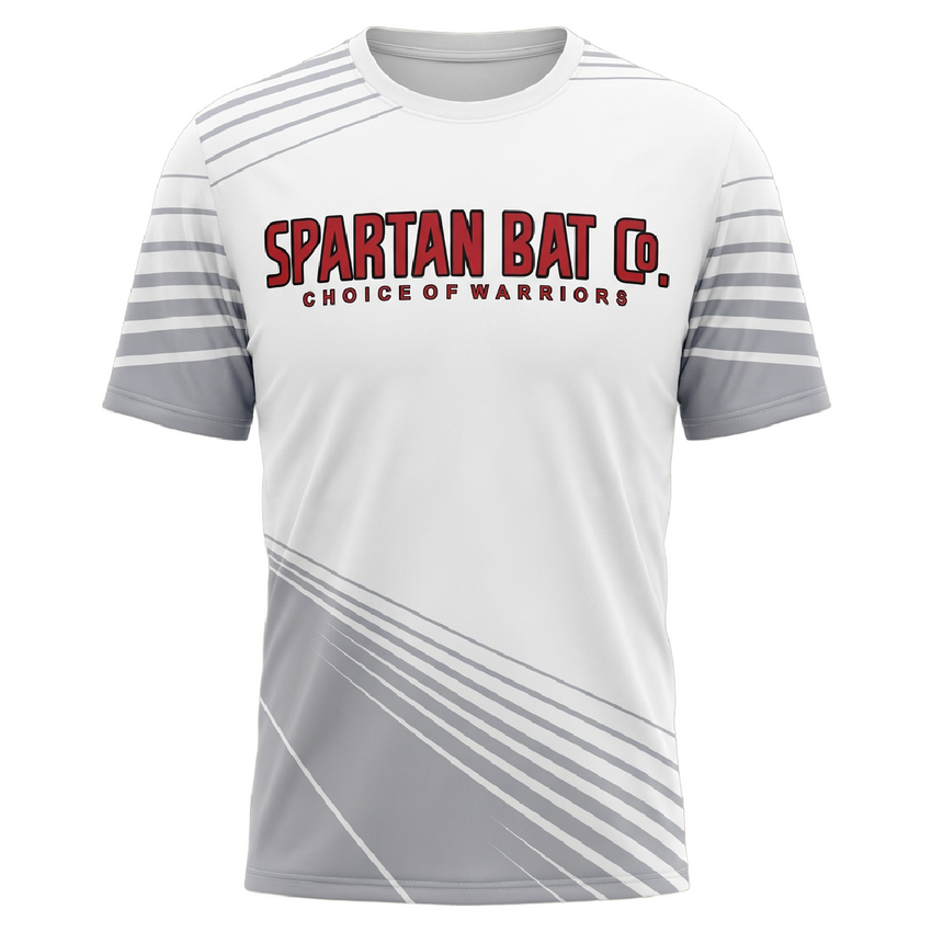 White t-shirt with gray stripes and red text on a white background