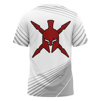 White t-shirt with red Spartan helmet logo on the back against a white background