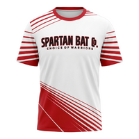 White and red sports jersey with 'Spartan Bat Co.' text on a white background