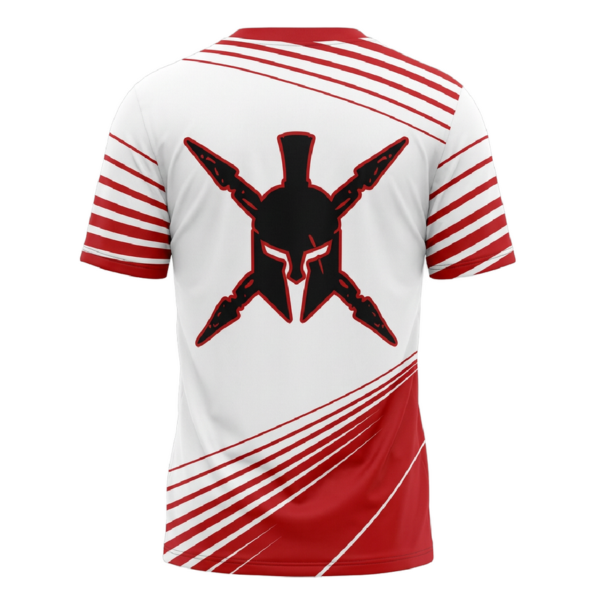White and red sports jersey with black logo on a white background