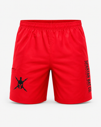 Red shorts with black logo and text on a light gray background