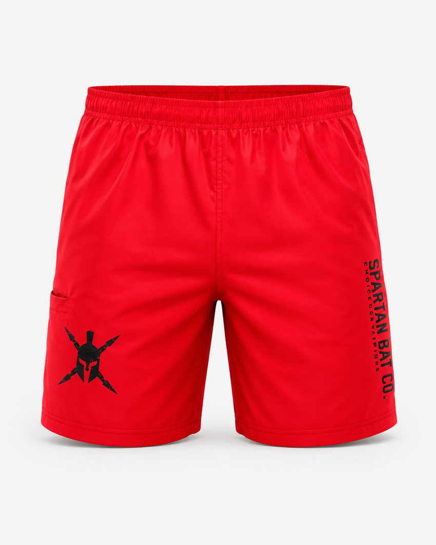 Red shorts with black logo and text on a light gray background
