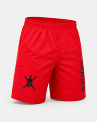 Red shorts with a black logo and text on a light gray background