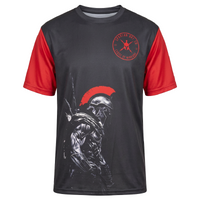 Black and red t-shirt with warrior graphic and logo on a white background