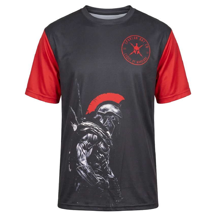 Black and red t-shirt with warrior graphic and logo on a white background