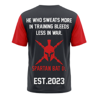Black and red t-shirt with Spartan-themed design and text on a white background