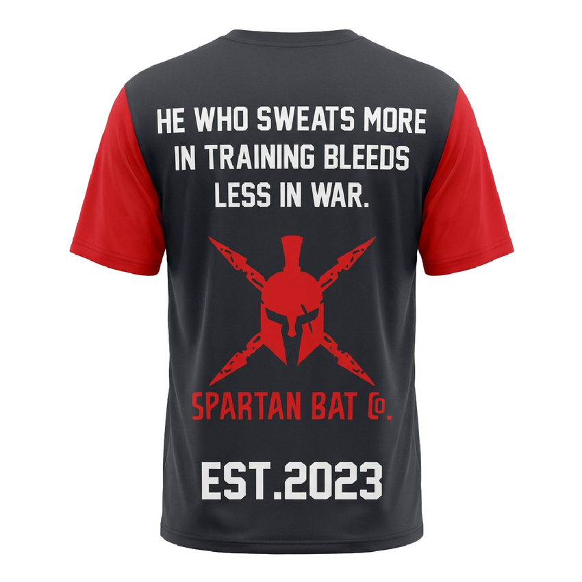 Black and red t-shirt with Spartan-themed design and text on a white background