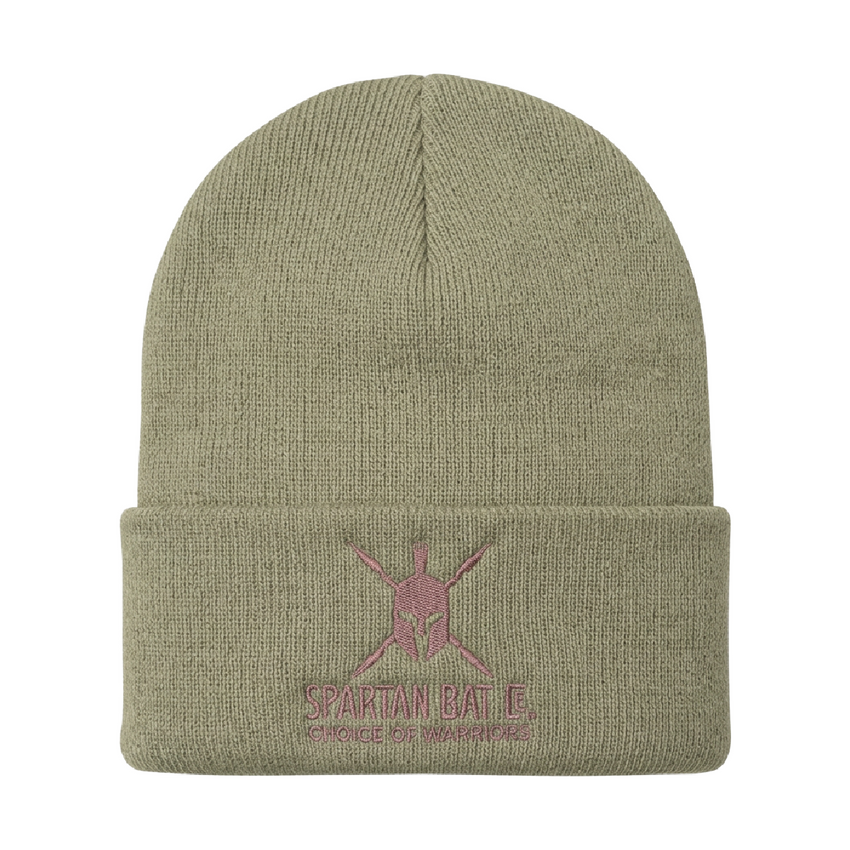 Green beanie with Spartan Battle logo on a white background