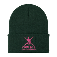 Green beanie with pink Spartan logo and text on a white background