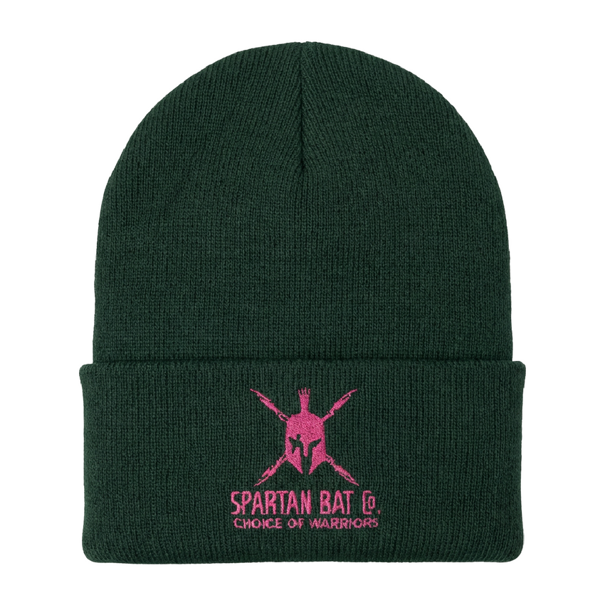 Green beanie with pink Spartan logo and text on a white background