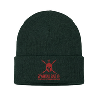 Dark green beanie with red Spartan logo on a white background