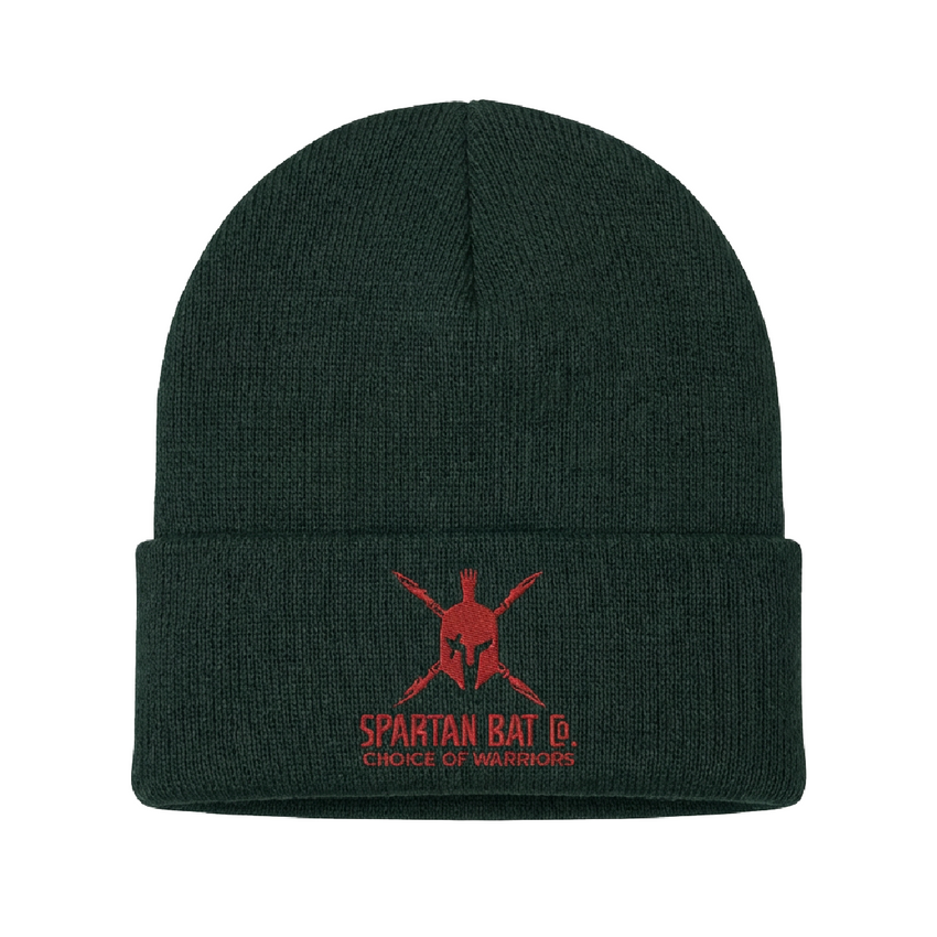 Dark green beanie with red Spartan logo on a white background