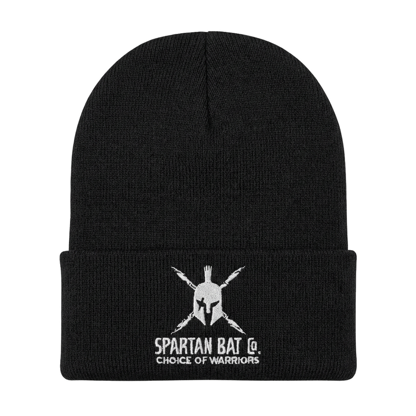 Black beanie with Spartan Bat Co. logo on a white background