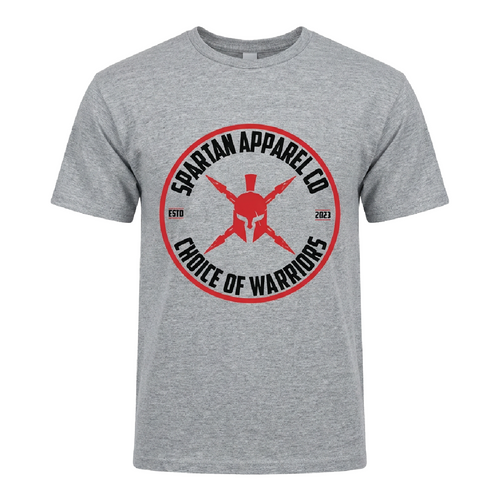 Gray t-shirt with Spartan Apparel Co logo on a white background