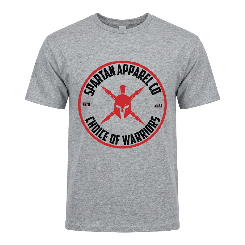 Gray t-shirt with Spartan Apparel Co logo on a white background
