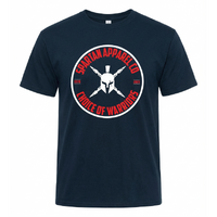 Navy blue t-shirt with Spartan Apparel Co logo on a white background