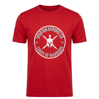 Red t-shirt with white graphic and text on a white background