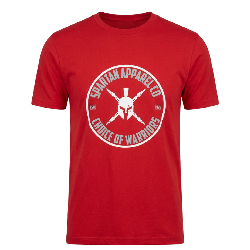 Red t-shirt with white graphic and text on a white background