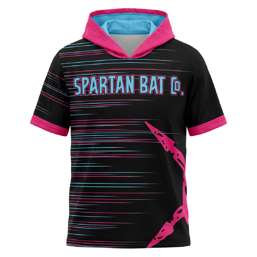 Black hoodie with pink and blue accents featuring 'Spartan Bat Co.' text on a white background