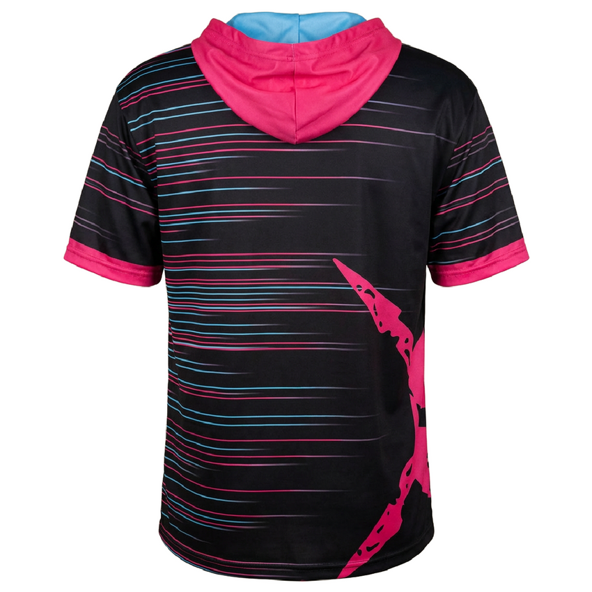 Black shirt with pink and blue accents on a white background