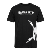 Black t-shirt with white graphic and text on a white background