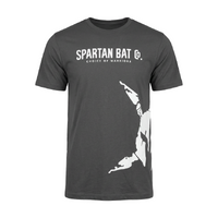 Gray t-shirt with white graphic and text on a white background