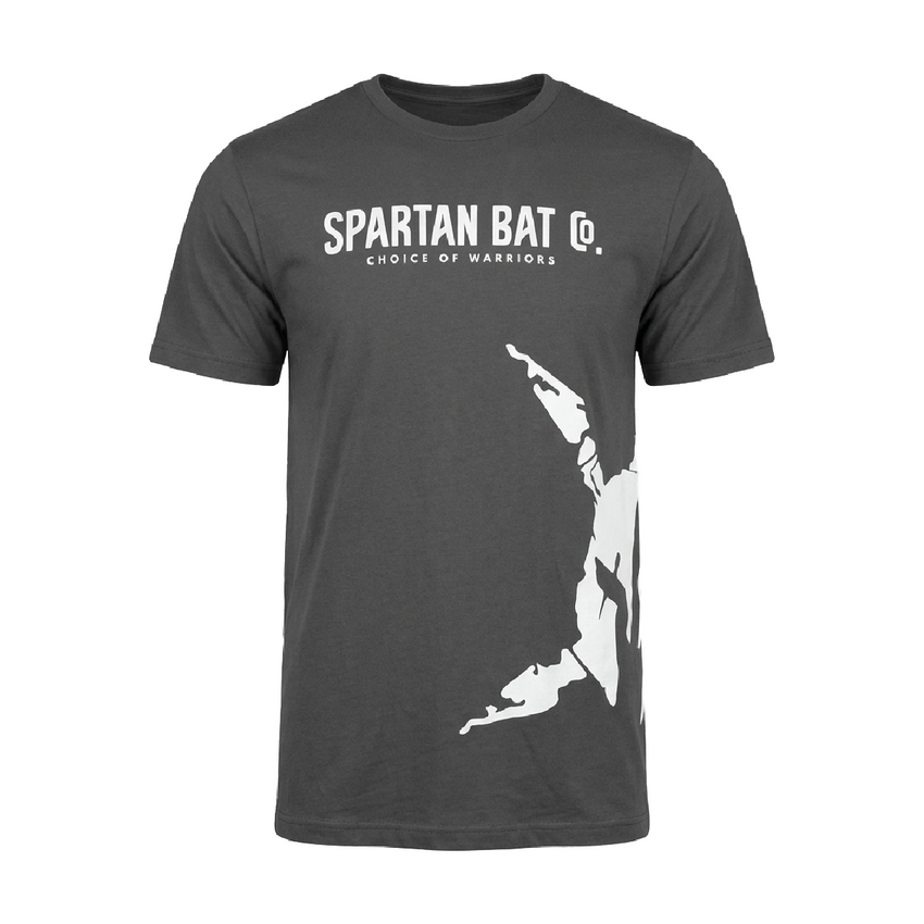 Gray t-shirt with white graphic and text on a white background