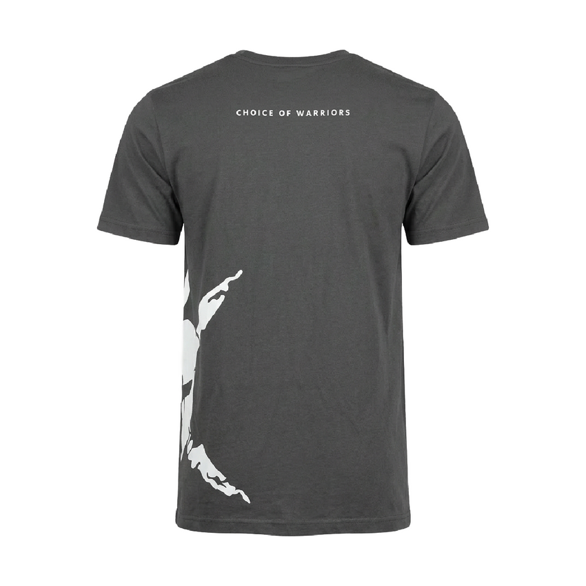 Gray t-shirt with white graphic and text on a white background