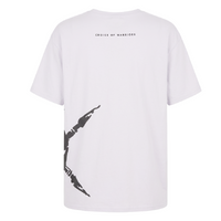 White t-shirt with black graphic and text on a white background