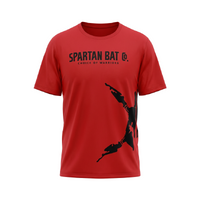 Red t-shirt with black Spartan logo and text on a white background