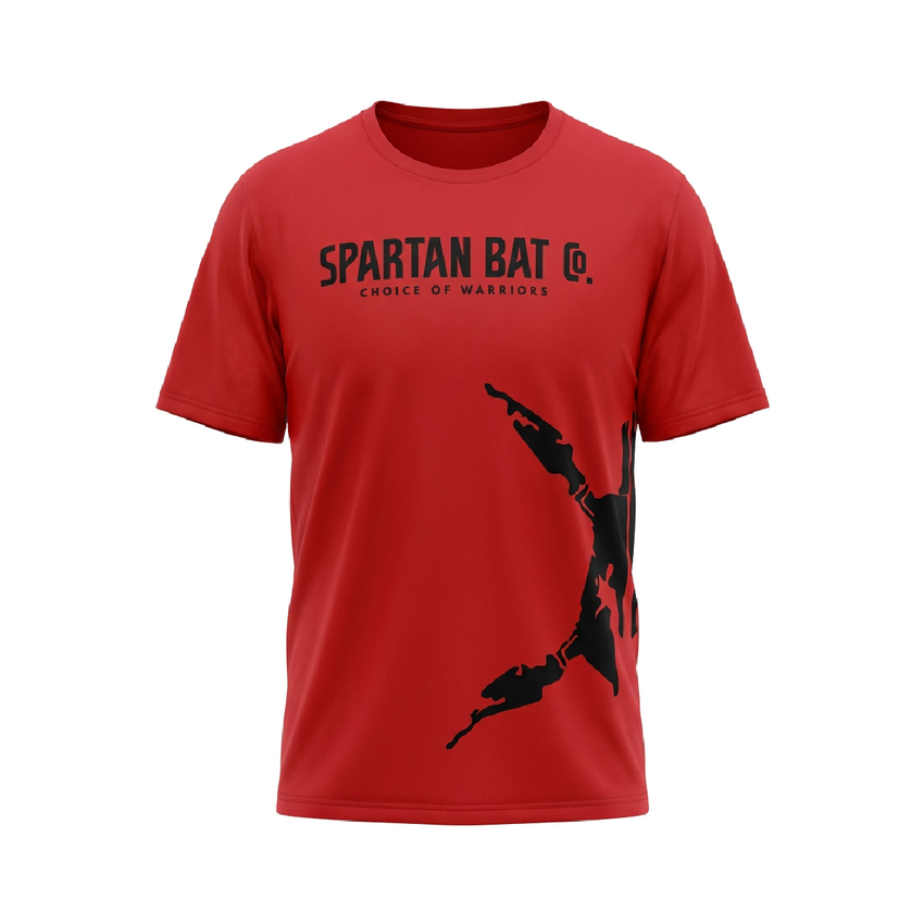 Red t-shirt with black Spartan logo and text on a white background