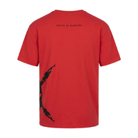Red t-shirt with black graphic and text on a white background