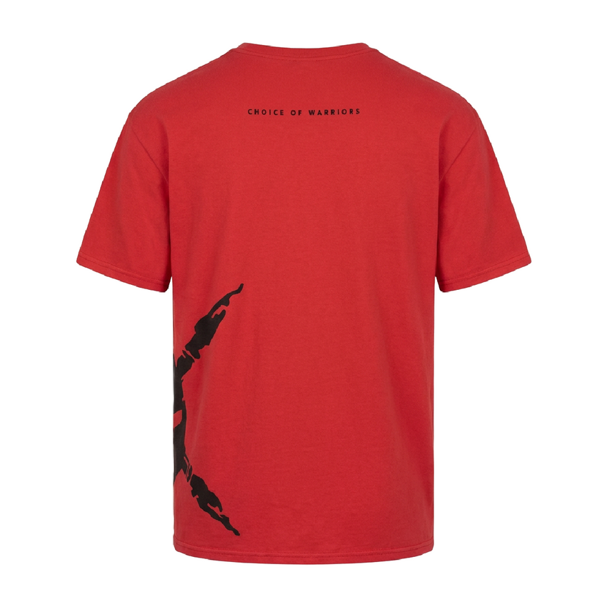 Red t-shirt with black graphic and text on a white background
