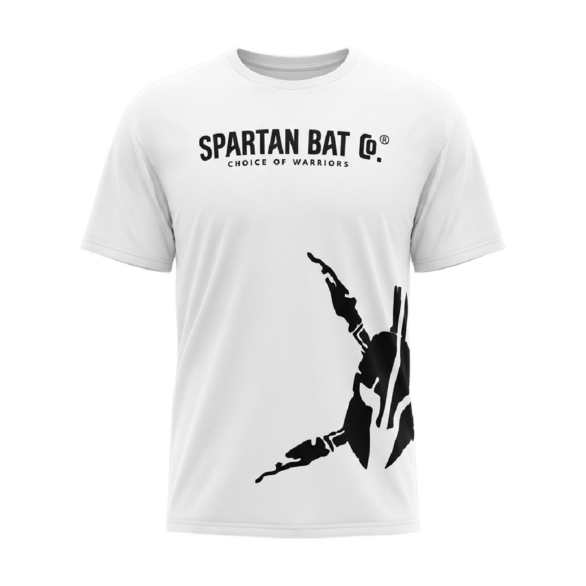 White t-shirt with black silhouette graphic and 'Spartan Bat Co.' text on a white background