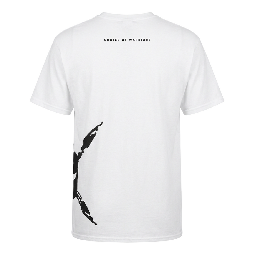 White t-shirt with black silhouette design and 'Choice of Warriors' text on a white background