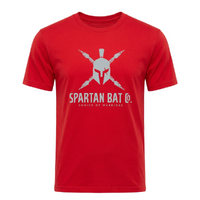 Red t-shirt with Spartan logo and text on a white background
