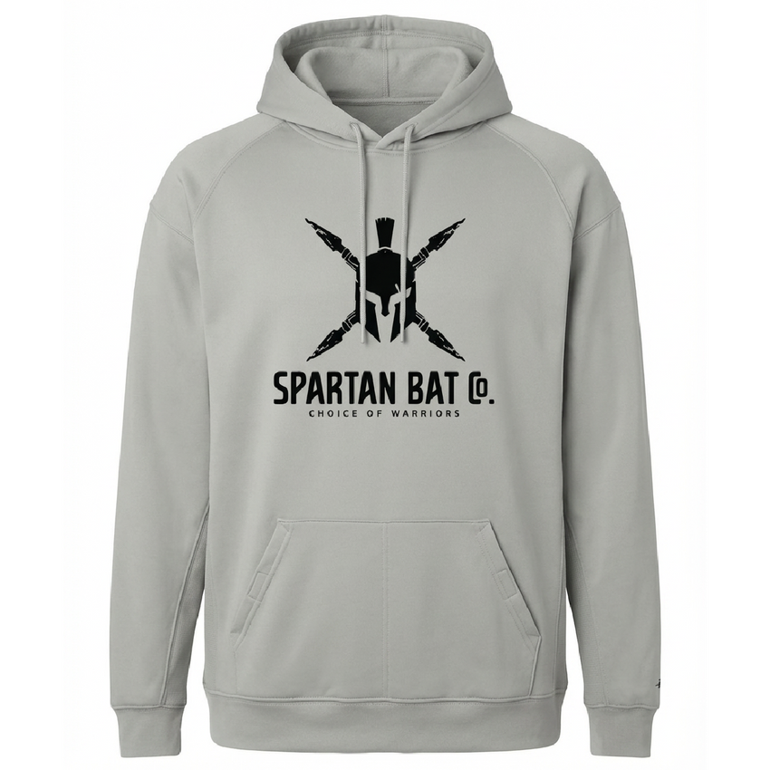 Gray hoodie with Spartan Bat Co. logo on a white background