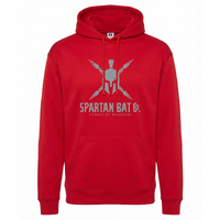 Red hoodie with Spartan logo and text on a white background