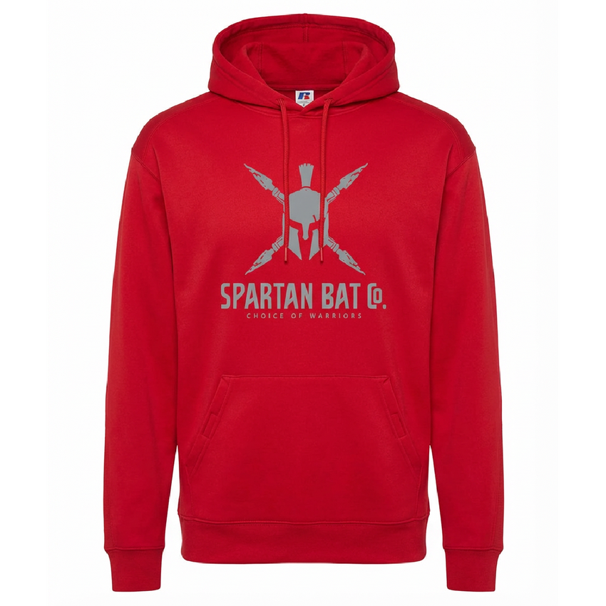 Red hoodie with Spartan logo and text on a white background