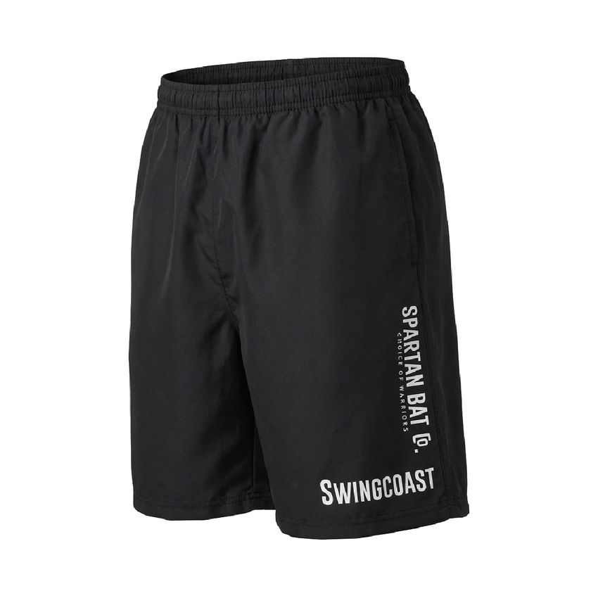 Black shorts with 'Spartan Bar & Grill' and 'Swingcoast' text on a white background