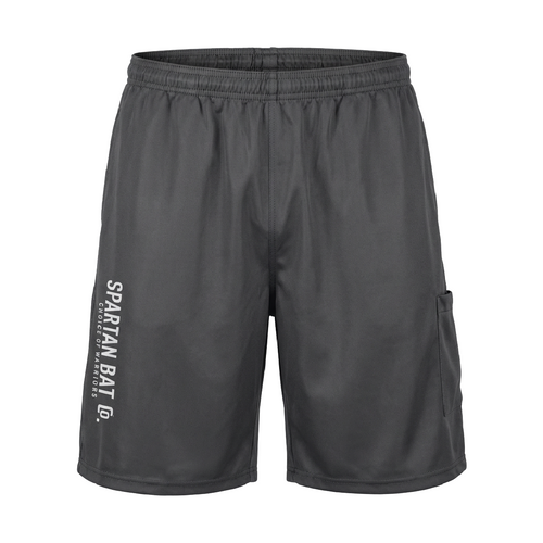 Black shorts with a logo on the side on a white background