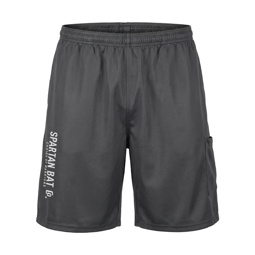 Black shorts with a logo on the side on a white background