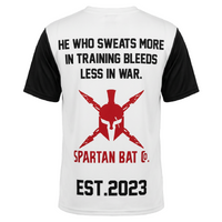 Spartan-themed t-shirt with motivational quote and logo on a white and black background