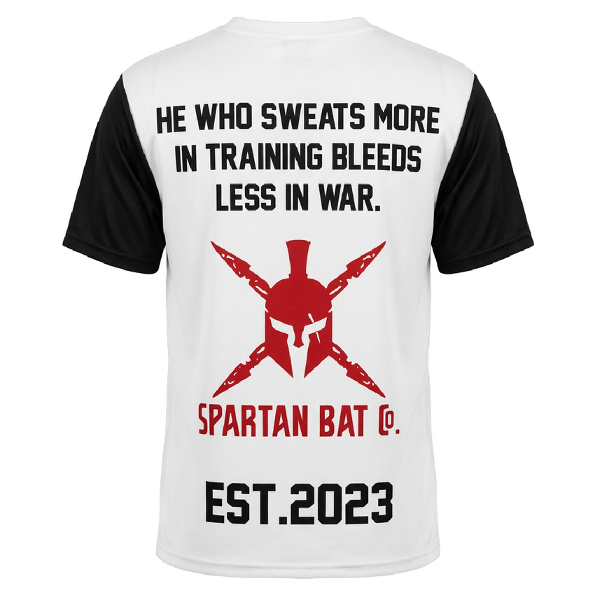 Spartan-themed t-shirt with motivational quote and logo on a white and black background